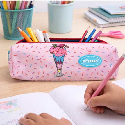Pink pencil case with ice cream design on a desk with stationery items