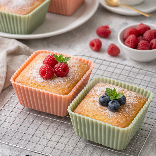Two small cakes in silicone molds with berries on a cooling rack