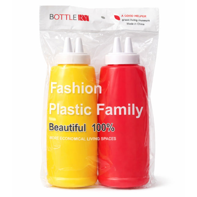 Two plastic bottles, one yellow and one red, in a clear package with text on a white background.