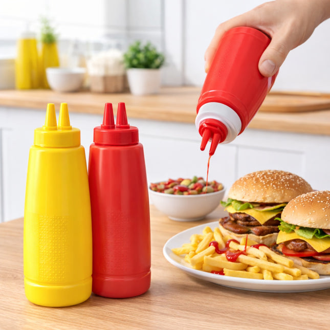 Red and yellow condiment bottles being used on a plate of food in a kitchen setting.
