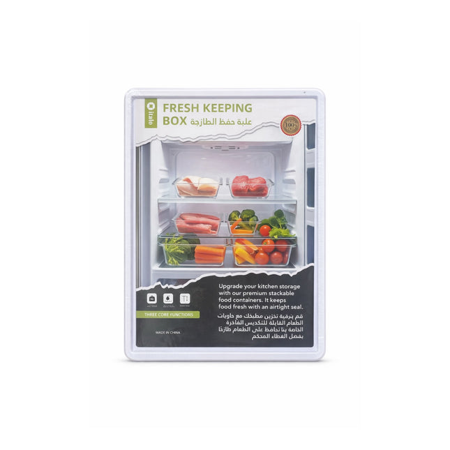 Fresh keeping box packaging with images of food inside on a white background