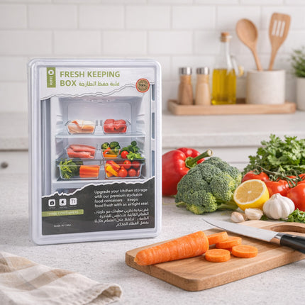 Fresh keeping box packaging with vegetables on a kitchen counter