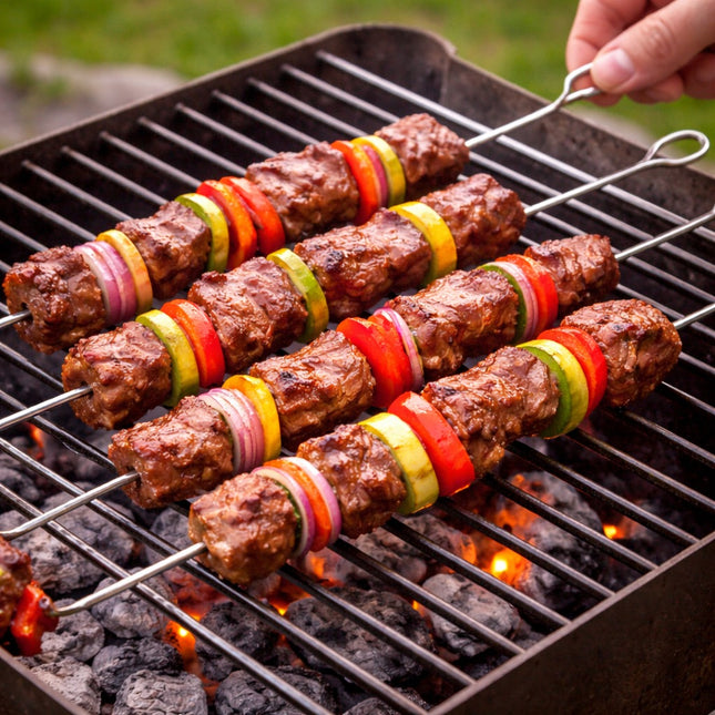 Skewers with meat and vegetables on a grill