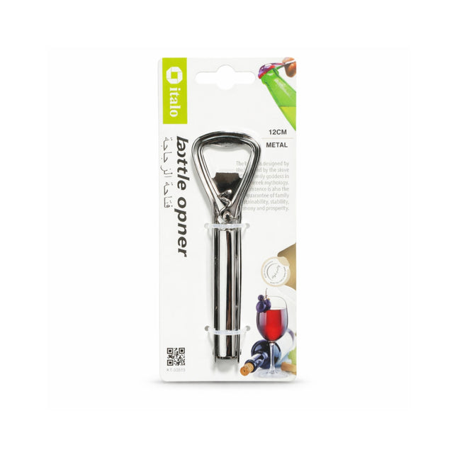 Metal bottle opener in packaging with brand logo on a white background