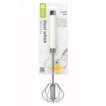 Metal whisk with packaging on a white background