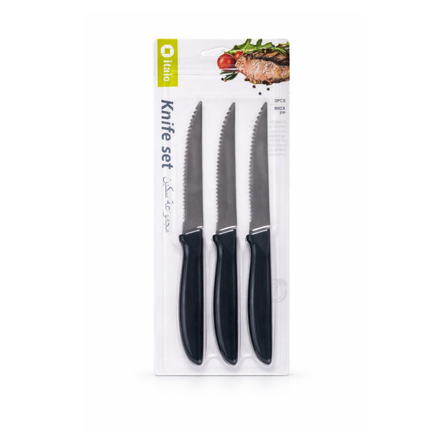 Set of three knives in packaging with a brand logo on a white background