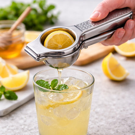 Hand using a lemon squeezer to extract juice into a glass with lemon slices and mint leaves on a light background.