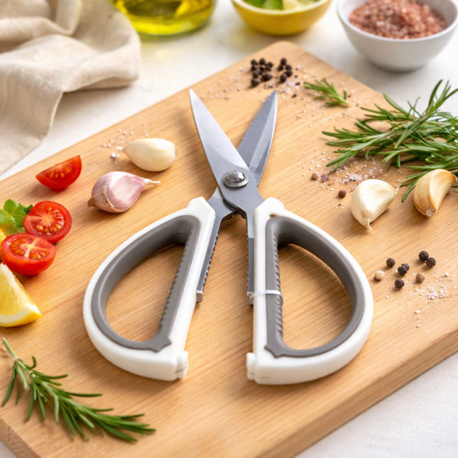 Kitchen shears on a wooden cutting board with vegetables and herbs