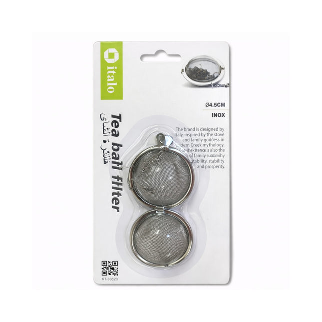 Tea ball filter in packaging with brand logo on a white background