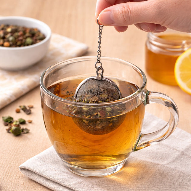 Clear glass mug with tea and a metal tea ball, surrounded by tea leaves and a bowl on a wooden surface.