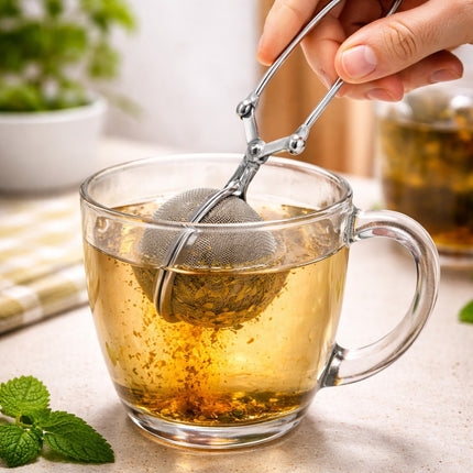 Clear glass mug with tea and a metal tea ball, held by a hand, on a light surface with a blurred background.