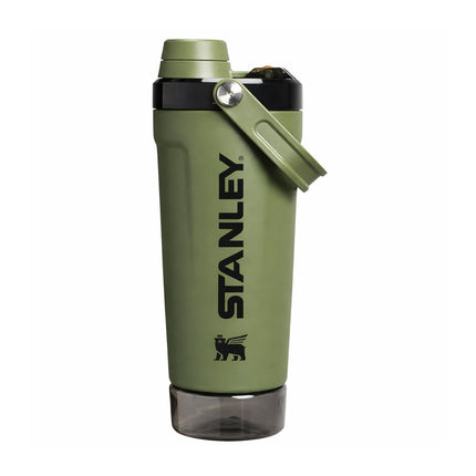 Green Stanley water bottle on a white background