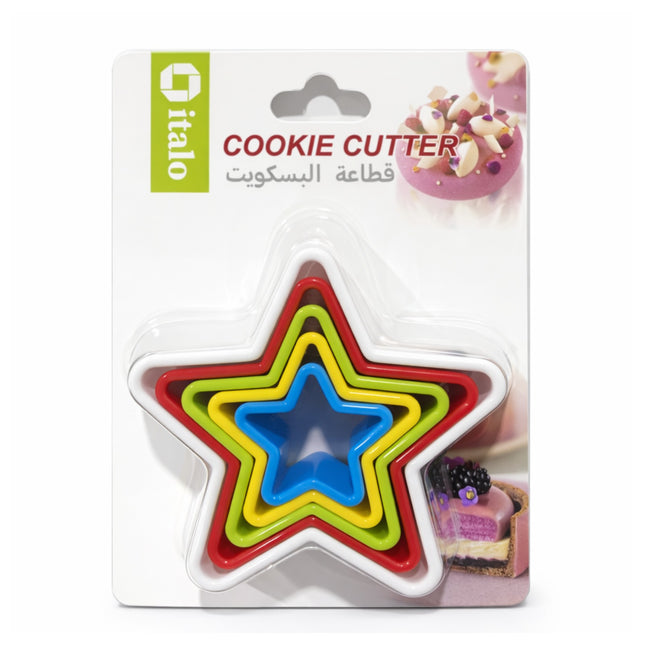 Set of colorful star-shaped cookie cutters in packaging with 'italo' branding.