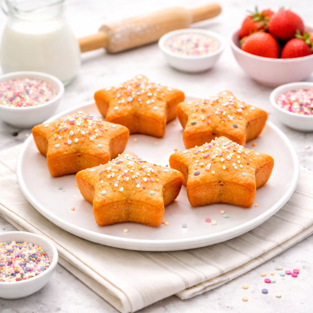 Star-shaped cookies on a plate with sprinkles and a rolling pin in the background