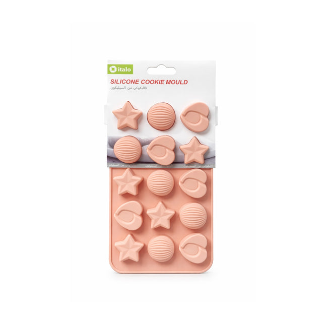Silicone cookie mould with various shapes on a white background