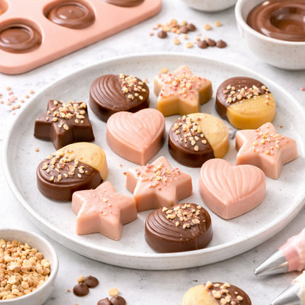 Assorted chocolate candies on a white plate with a pink candy mold and small bowls in the background.