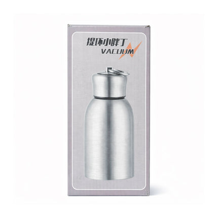 Silver vacuum bottle in packaging with brand logo on a white background