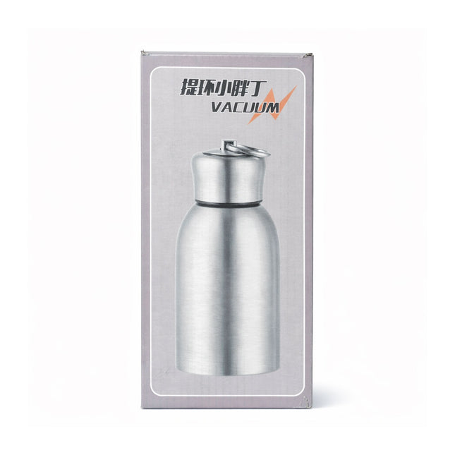 Silver vacuum bottle in packaging with brand logo on a white background