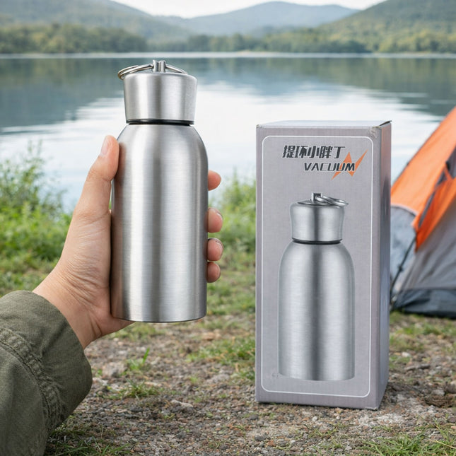 Silver vacuum flask held by a hand with packaging in the background, set against a scenic lake and mountains.