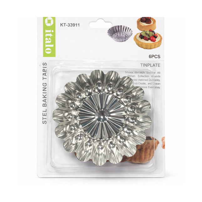 Packaged metal tartlet tins with decorative design on a white background