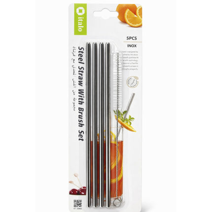 Packaging of steel straws with a brush set on a white background