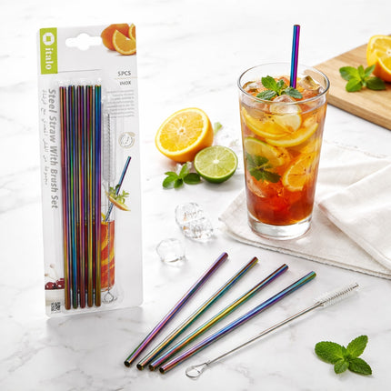 Set of colorful metal straws with packaging and a glass of iced tea with lemon and lime.