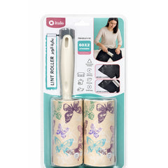 Lint roller with butterfly design packaging on a white background