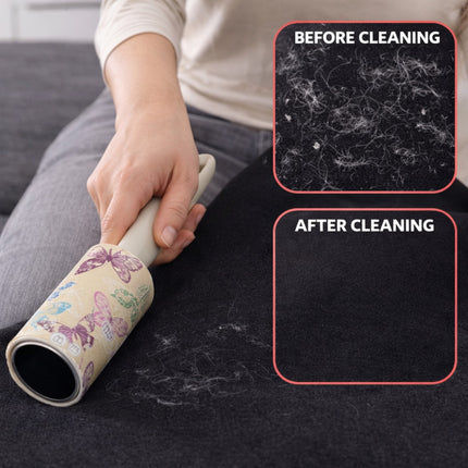 Person using a cleaning tool on a surface with 'Before Cleaning' and 'After Cleaning' insets showing hair removal.