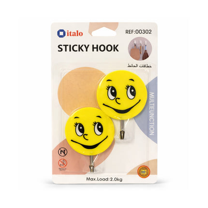 Packaged sticky hooks with smiley face design on a white background