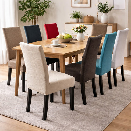 Dining room with a wooden table and colorful chairs on a gray rug.