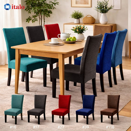 Dining table with colorful chairs in a room setting