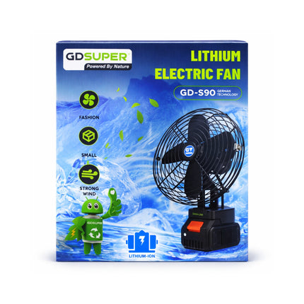 Packaging of a lithium electric fan with GD SUPER branding on a white background