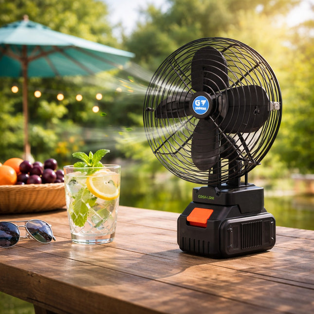 Portable fan on a wooden table with a drink and sunglasses, outdoor setting