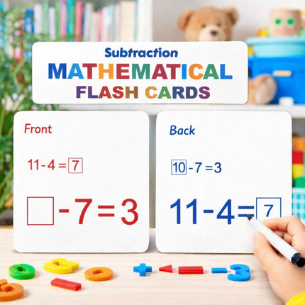 Mathematical flash cards with subtraction problems on a table with educational materials.