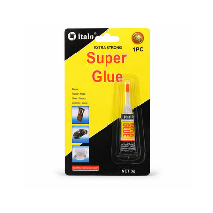 Packaging of Italo super glue with yellow and black design