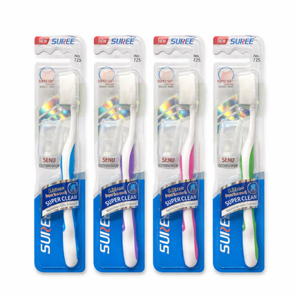Four packages of Suree toothbrushes with colorful bristle designs on a white background