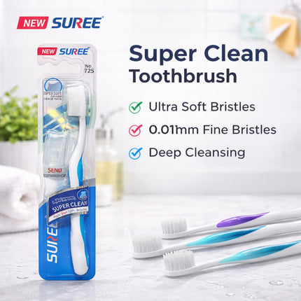 SUREE Super Clean toothbrush packaging with toothbrushes on a bathroom background