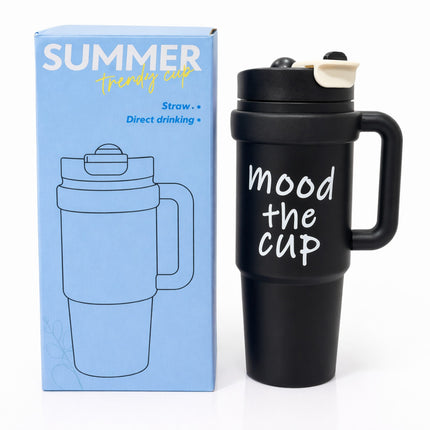 Black travel mug with 'mood the cup' text next to a blue box labeled 'Summer trendy cup'.