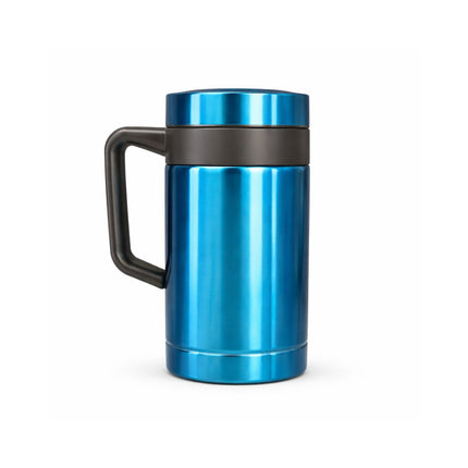 Blue insulated mug with a black handle on a white background