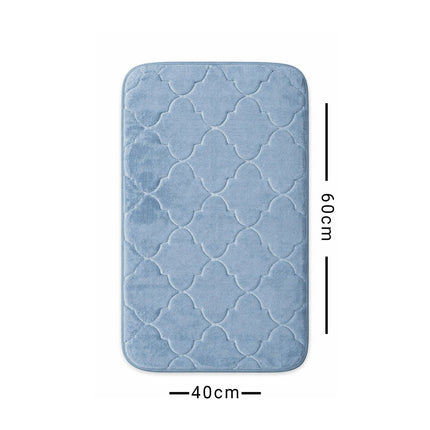 Blue textured bath mat with dimensions on a white background