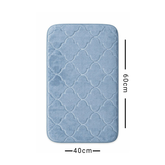 Blue textured bath mat with dimensions on a white background