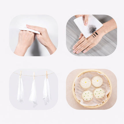 Collage of hands using a white paper towel, a close-up of a hand with black ink, and a bamboo steamer with dumplings.