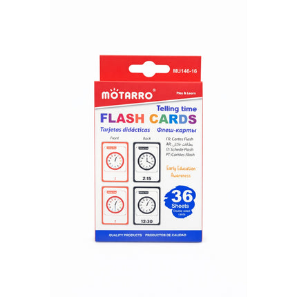 MOTARRO telling time flash cards packaging on a white background