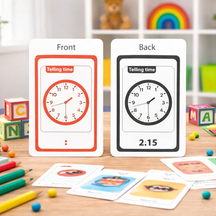 Educational time-telling card with front and back views on a table with toys and stationery.