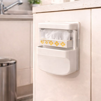 Wall-mounted trash can holder with a trash can attached on a kitchen wall.