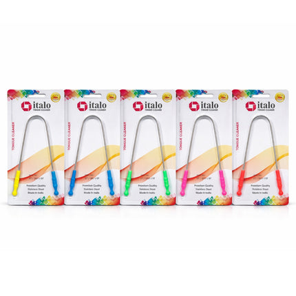 Packaging of italo tongue cleaners with colorful accents on a white background