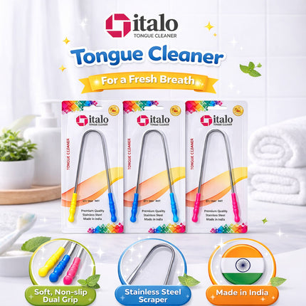 Italo tongue cleaner packaging with product images and features on a white background