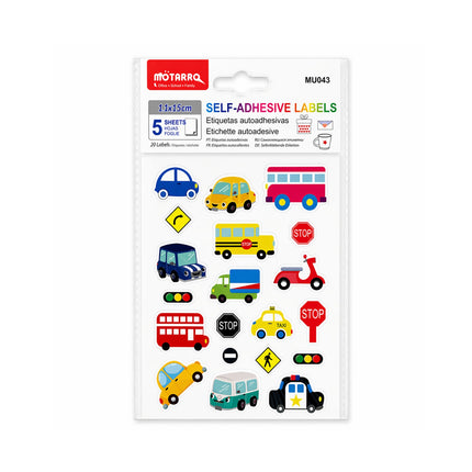 Pack of self-adhesive labels with various vehicle designs on a white background