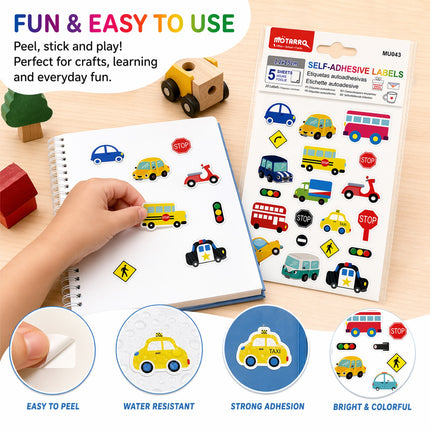 Child using self-adhesive labels with transportation-themed stickers on a notebook, with text highlighting features like 'Fun & Easy to Use' and 'Perfect for crafts, learning and everyday fun'.