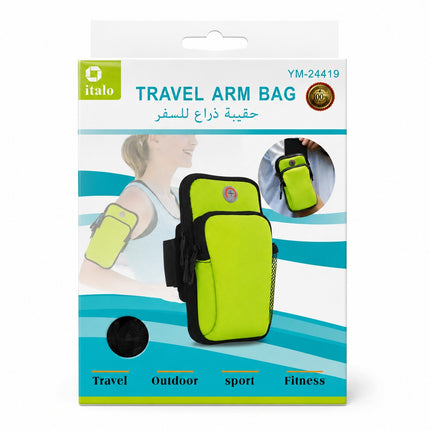 A retail package for an Italo travel arm bag, featuring a bright neon green and black pouch on a printed box with illustrations of the bag worn on the shoulder and held in a pocket.